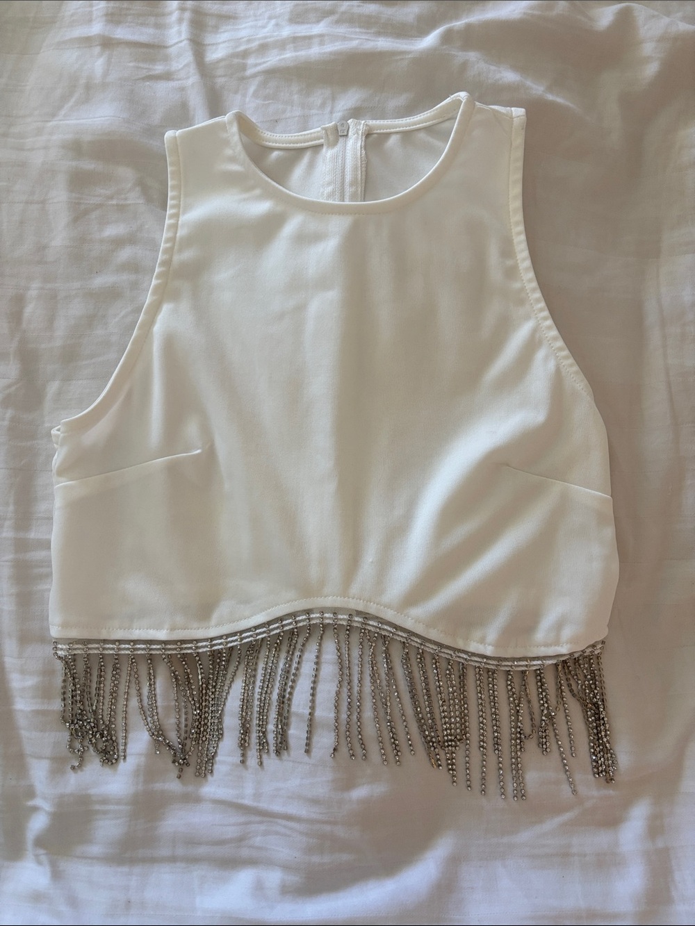 White Crop Tank with Silver Chain Fringe